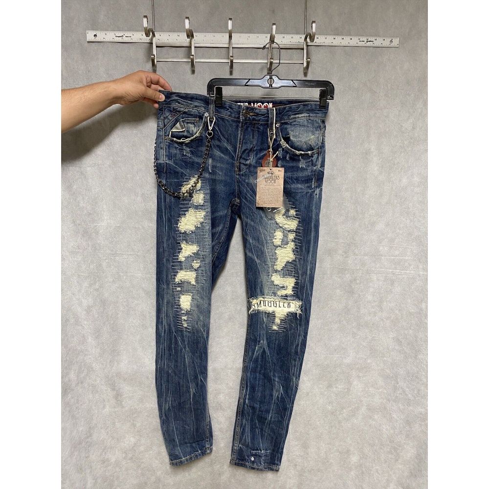 Smugglers Moon Jeans Men 34x35 Selvedge Distressed Key Chain Skull Grunge Nwt